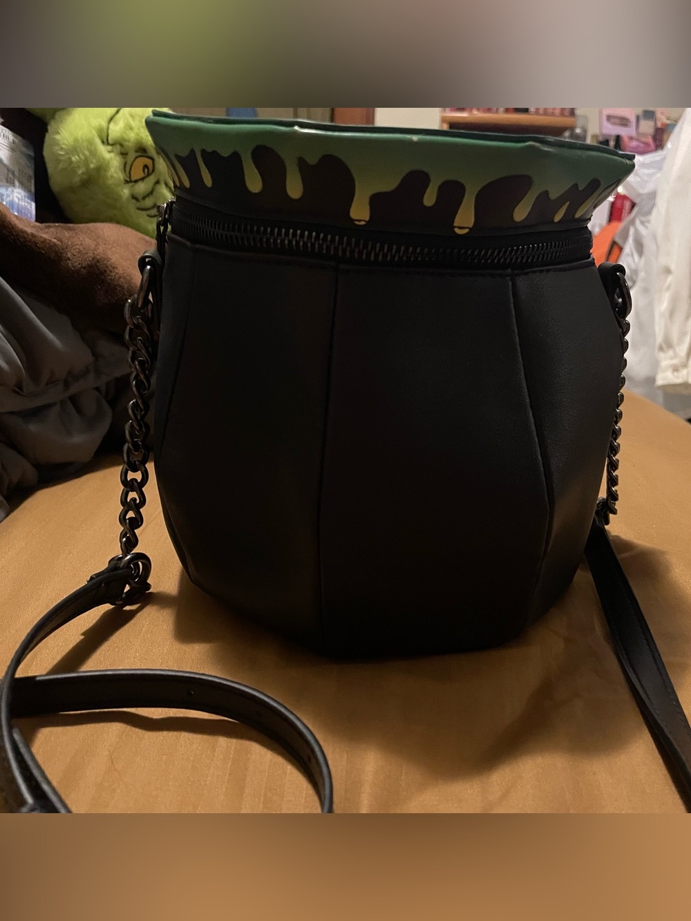 Witches Cauldron Black Bucket Crossbody Bag with Green Drip Accent